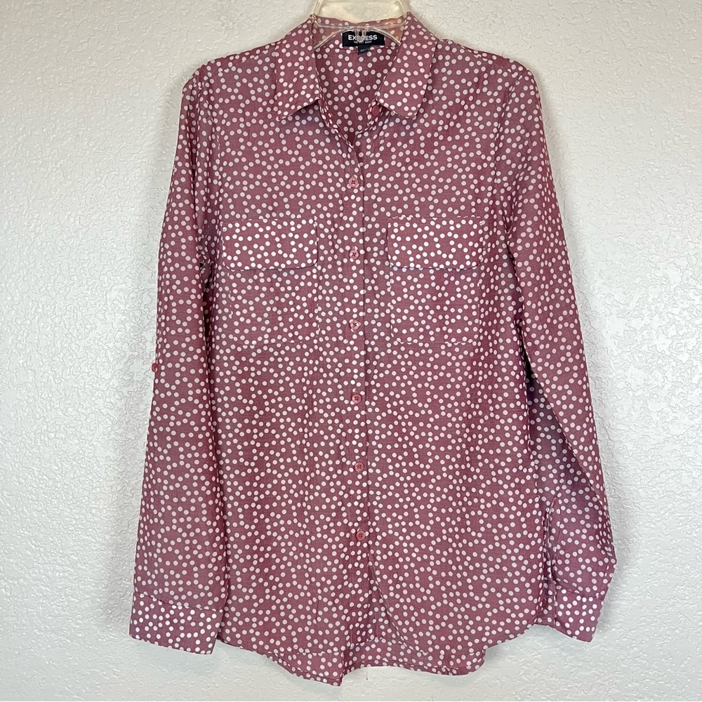Express Maroon with White Polka Dot Button Down Long Sleeve Corporate Shirt XS